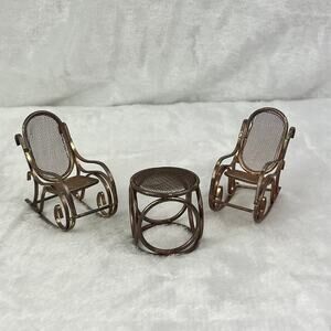Vintage Brass Miniature Dollhouse Rocking Chairs & Table Set Woven Seat 1:12